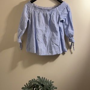 off the shoulder blue and white top